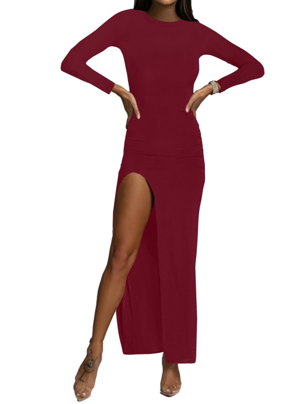 Long Sleeve Burgundy Maxi Dress with High Leg Slit